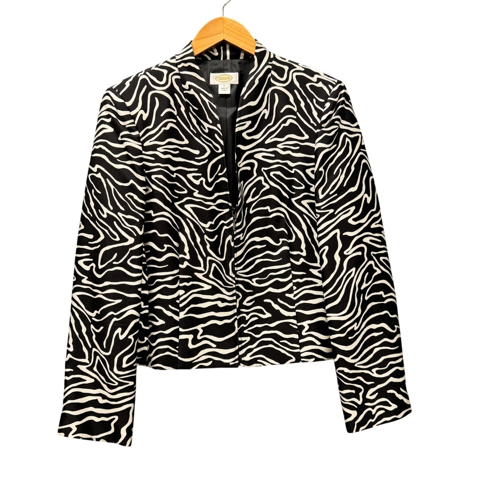 Vintage Talbots Jacket Womens 8 Zebra Print Black White Silk Wool Zip Up